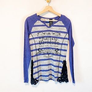 Harley Davidson Purple and Gray Striped lace Side Long sleeve shirt size…